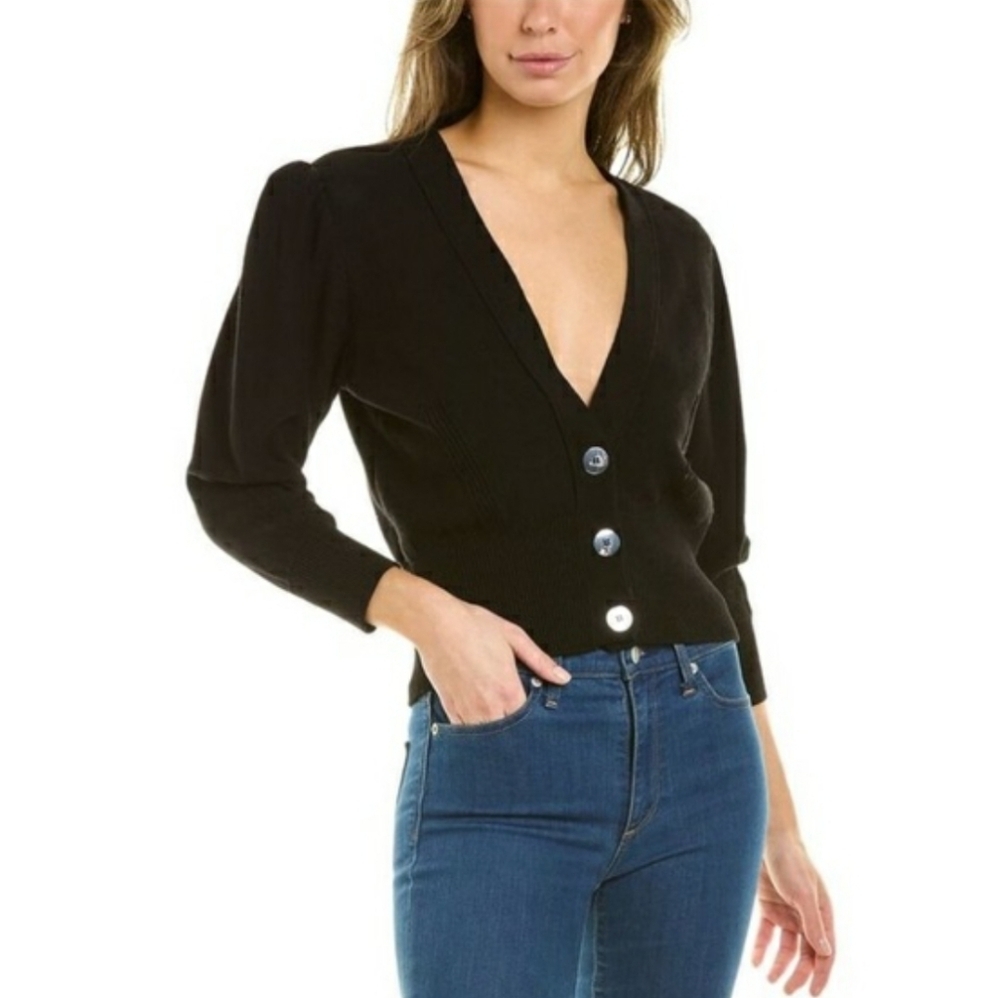 ba&sh "Ameo" Black V-Neck Knit Crop Cardigan. Silver Buttons. 3/4 Sleeves. XS.
